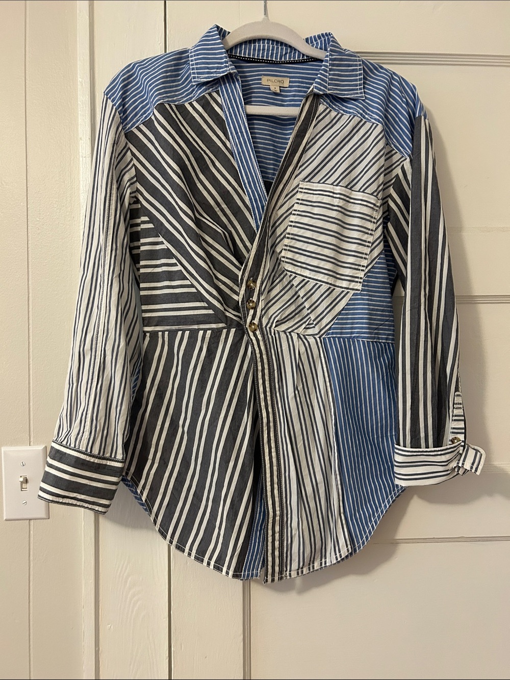 Pilcro Striped Patchwork Button-Up Shirt in Blue, Black, White